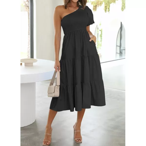 imageZESICA Womens 2024 Boho Summer One Shoulder Short Sleeve Smocked Side Split Ruffle Swing Midi DressBlack