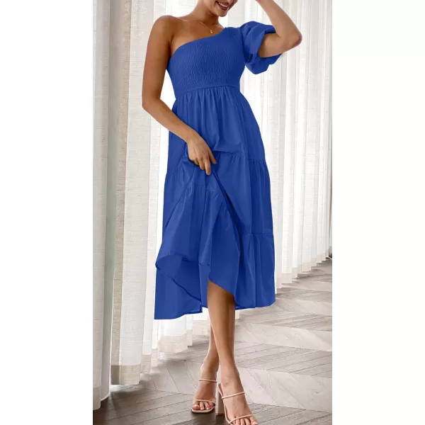 imageZESICA Womens 2024 Boho Summer One Shoulder Short Sleeve Smocked Side Split Ruffle Swing Midi DressBlue