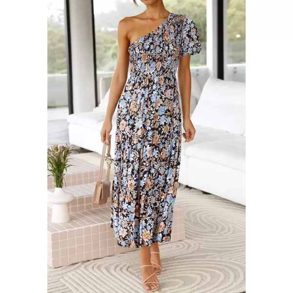 imageZESICA Womens 2024 Boho Summer One Shoulder Short Sleeve Smocked Side Split Ruffle Swing Midi DressCarbon