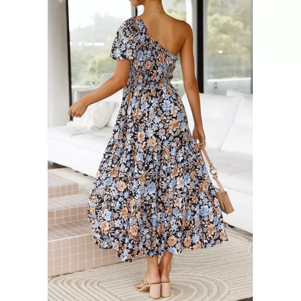 imageZESICA Womens 2024 Boho Summer One Shoulder Short Sleeve Smocked Side Split Ruffle Swing Midi DressCarbon