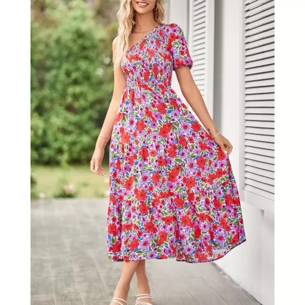imageZESICA Womens 2024 Boho Summer One Shoulder Short Sleeve Smocked Side Split Ruffle Swing Midi DressLavender
