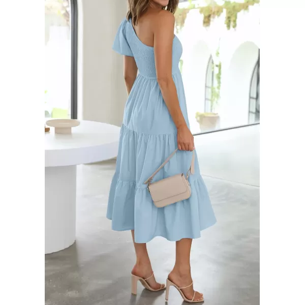 imageZESICA Womens 2024 Boho Summer One Shoulder Short Sleeve Smocked Side Split Ruffle Swing Midi DressLightblue