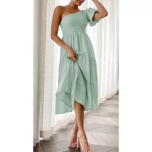 imageZESICA Womens 2024 Boho Summer One Shoulder Short Sleeve Smocked Side Split Ruffle Swing Midi DressLightgreen