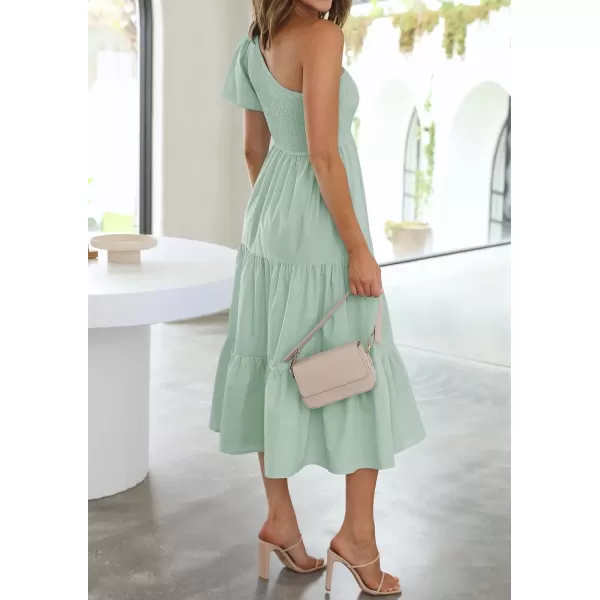 imageZESICA Womens 2024 Boho Summer One Shoulder Short Sleeve Smocked Side Split Ruffle Swing Midi DressLightgreen