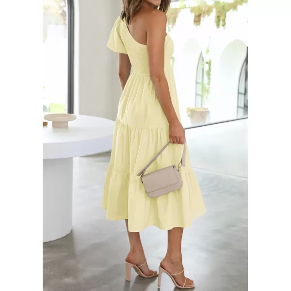 imageZESICA Womens 2024 Boho Summer One Shoulder Short Sleeve Smocked Side Split Ruffle Swing Midi DressLightyellow