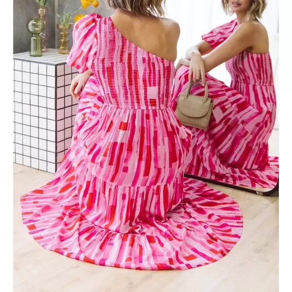 imageZESICA Womens 2024 Boho Summer One Shoulder Short Sleeve Smocked Side Split Ruffle Swing Midi DressMagenta