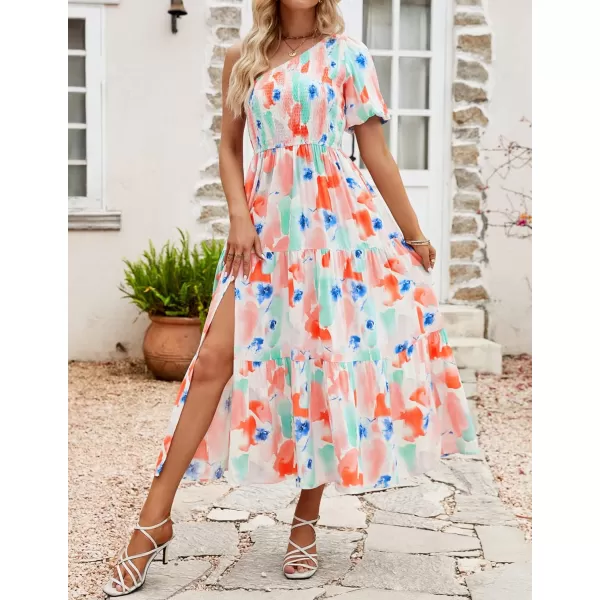 imageZESICA Womens 2024 Boho Summer One Shoulder Short Sleeve Smocked Side Split Ruffle Swing Midi DressPeach