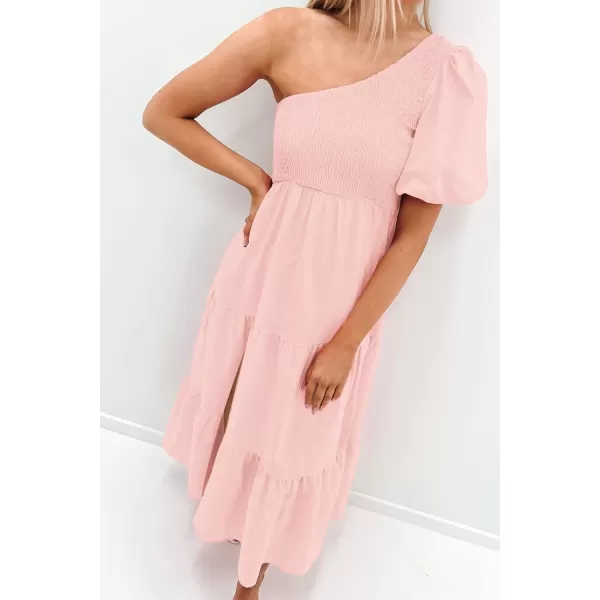 imageZESICA Womens 2024 Boho Summer One Shoulder Short Sleeve Smocked Side Split Ruffle Swing Midi DressPink