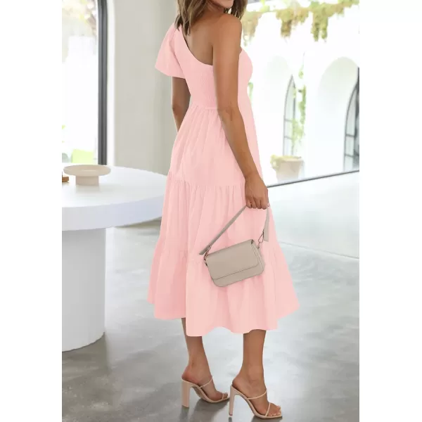 imageZESICA Womens 2024 Boho Summer One Shoulder Short Sleeve Smocked Side Split Ruffle Swing Midi DressPink