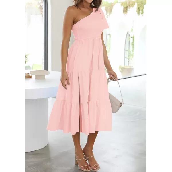 imageZESICA Womens 2024 Boho Summer One Shoulder Short Sleeve Smocked Side Split Ruffle Swing Midi DressPink