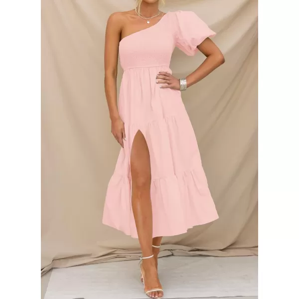 imageZESICA Womens 2024 Boho Summer One Shoulder Short Sleeve Smocked Side Split Ruffle Swing Midi DressPink