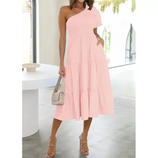 imageZESICA Womens 2024 Boho Summer One Shoulder Short Sleeve Smocked Side Split Ruffle Swing Midi DressPink