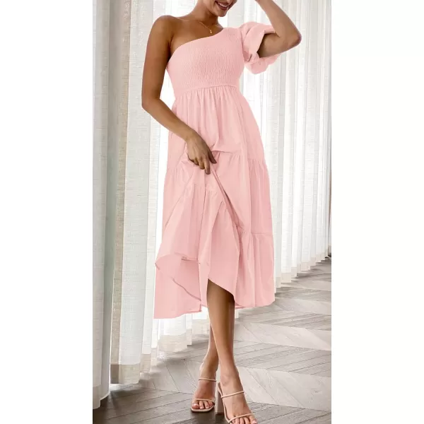 imageZESICA Womens 2024 Boho Summer One Shoulder Short Sleeve Smocked Side Split Ruffle Swing Midi DressPink