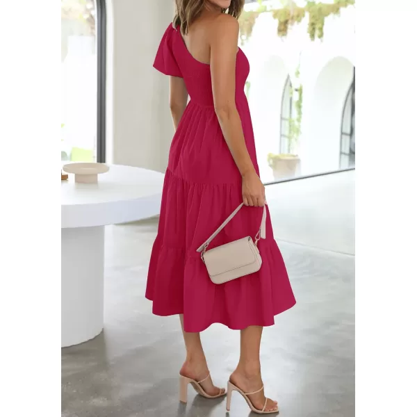 imageZESICA Womens 2024 Boho Summer One Shoulder Short Sleeve Smocked Side Split Ruffle Swing Midi DressPlum