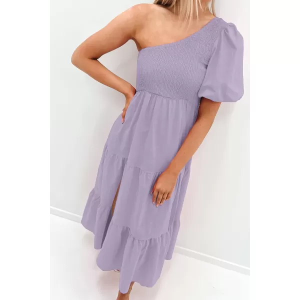 imageZESICA Womens 2024 Boho Summer One Shoulder Short Sleeve Smocked Side Split Ruffle Swing Midi DressPurple
