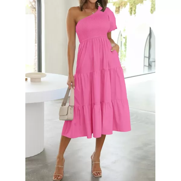 imageZESICA Womens 2024 Boho Summer One Shoulder Short Sleeve Smocked Side Split Ruffle Swing Midi DressRosepink