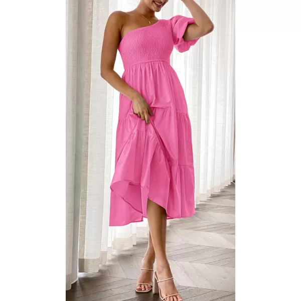 imageZESICA Womens 2024 Boho Summer One Shoulder Short Sleeve Smocked Side Split Ruffle Swing Midi DressRosepink
