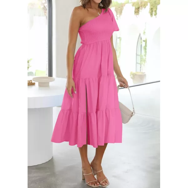 imageZESICA Womens 2024 Boho Summer One Shoulder Short Sleeve Smocked Side Split Ruffle Swing Midi DressRosepink