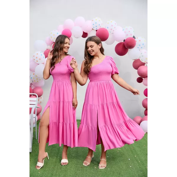 imageZESICA Womens 2024 Boho Summer One Shoulder Short Sleeve Smocked Side Split Ruffle Swing Midi DressRosepink
