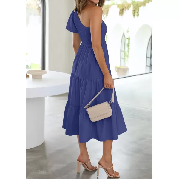 imageZESICA Womens 2024 Boho Summer One Shoulder Short Sleeve Smocked Side Split Ruffle Swing Midi DressRoyalblue