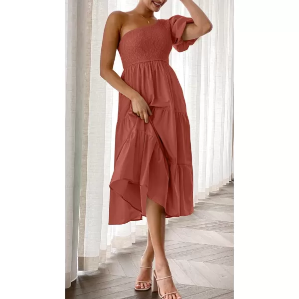 imageZESICA Womens 2024 Boho Summer One Shoulder Short Sleeve Smocked Side Split Ruffle Swing Midi DressRust