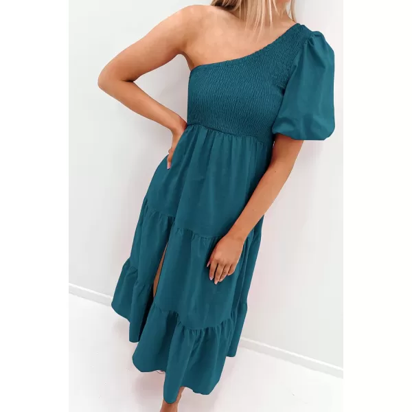 imageZESICA Womens 2024 Boho Summer One Shoulder Short Sleeve Smocked Side Split Ruffle Swing Midi DressTeal