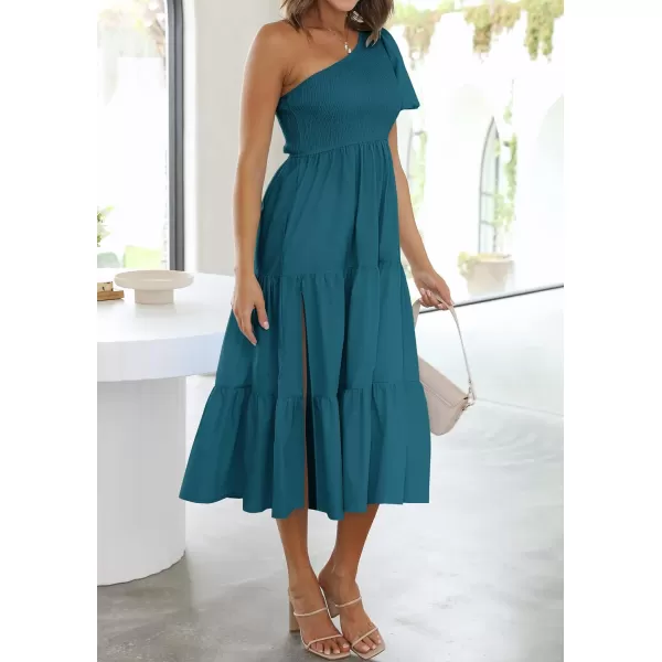 imageZESICA Womens 2024 Boho Summer One Shoulder Short Sleeve Smocked Side Split Ruffle Swing Midi DressTeal