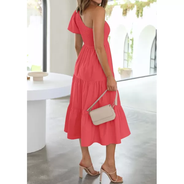 imageZESICA Womens 2024 Boho Summer One Shoulder Short Sleeve Smocked Side Split Ruffle Swing Midi DressWatermelon