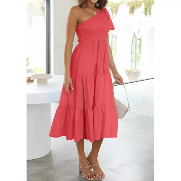 imageZESICA Womens 2024 Boho Summer One Shoulder Short Sleeve Smocked Side Split Ruffle Swing Midi DressWatermelon