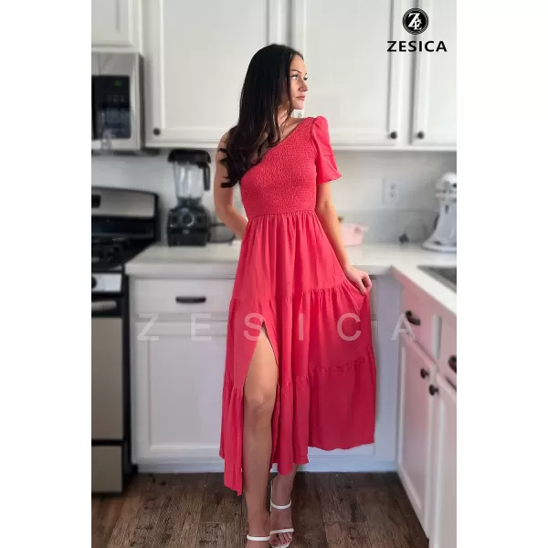 imageZESICA Womens 2024 Boho Summer One Shoulder Short Sleeve Smocked Side Split Ruffle Swing Midi DressWatermelon