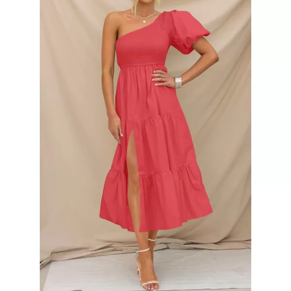 imageZESICA Womens 2024 Boho Summer One Shoulder Short Sleeve Smocked Side Split Ruffle Swing Midi DressWatermelon