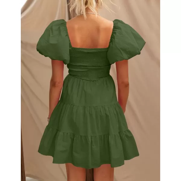 imageZESICA Womens 2024 Boho Summer Square Neck Puff Sleeve Off Shoulder Smocked Tiered Casual A Line Short Mini DressArmygreen
