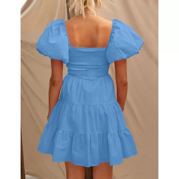 imageZESICA Womens 2024 Boho Summer Square Neck Puff Sleeve Off Shoulder Smocked Tiered Casual A Line Short Mini DressBlue