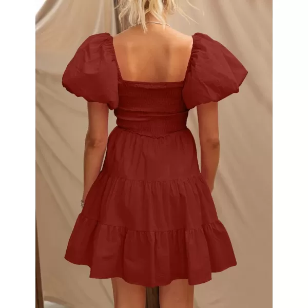 imageZESICA Womens 2024 Boho Summer Square Neck Puff Sleeve Off Shoulder Smocked Tiered Casual A Line Short Mini DressBrickred