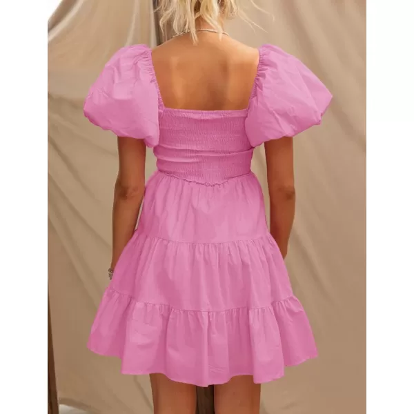 imageZESICA Womens 2024 Boho Summer Square Neck Puff Sleeve Off Shoulder Smocked Tiered Casual A Line Short Mini DressDustypink