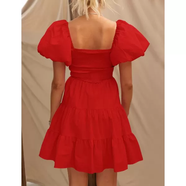 imageZESICA Womens 2024 Boho Summer Square Neck Puff Sleeve Off Shoulder Smocked Tiered Casual A Line Short Mini DressFirered