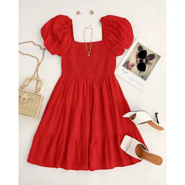 imageZESICA Womens 2024 Boho Summer Square Neck Puff Sleeve Off Shoulder Smocked Tiered Casual A Line Short Mini DressFirered