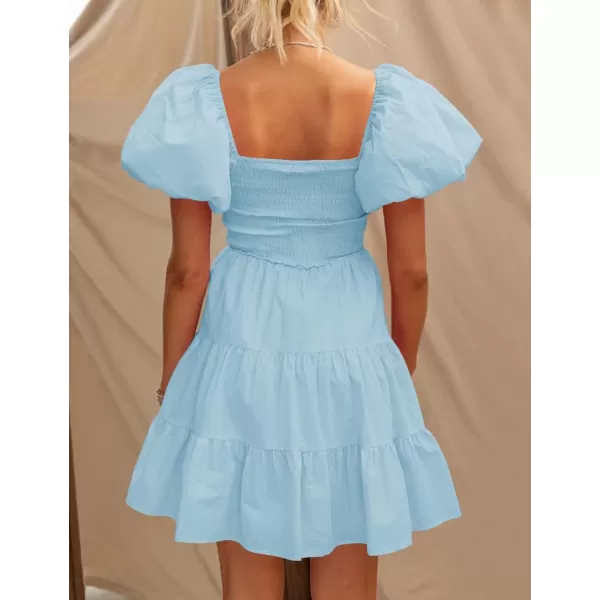 imageZESICA Womens 2024 Boho Summer Square Neck Puff Sleeve Off Shoulder Smocked Tiered Casual A Line Short Mini DressLightblue