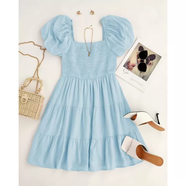 imageZESICA Womens 2024 Boho Summer Square Neck Puff Sleeve Off Shoulder Smocked Tiered Casual A Line Short Mini DressLightblue