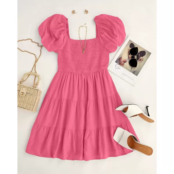 imageZESICA Womens 2024 Boho Summer Square Neck Puff Sleeve Off Shoulder Smocked Tiered Casual A Line Short Mini DressPink
