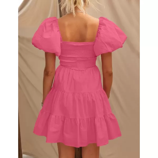 imageZESICA Womens 2024 Boho Summer Square Neck Puff Sleeve Off Shoulder Smocked Tiered Casual A Line Short Mini DressPink