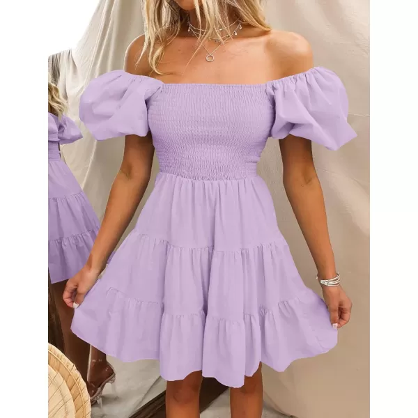 imageZESICA Womens 2024 Boho Summer Square Neck Puff Sleeve Off Shoulder Smocked Tiered Casual A Line Short Mini DressPurple