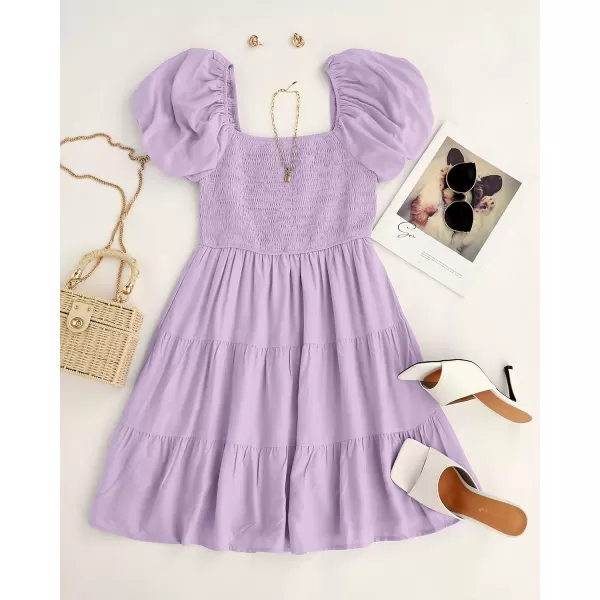imageZESICA Womens 2024 Boho Summer Square Neck Puff Sleeve Off Shoulder Smocked Tiered Casual A Line Short Mini DressPurple