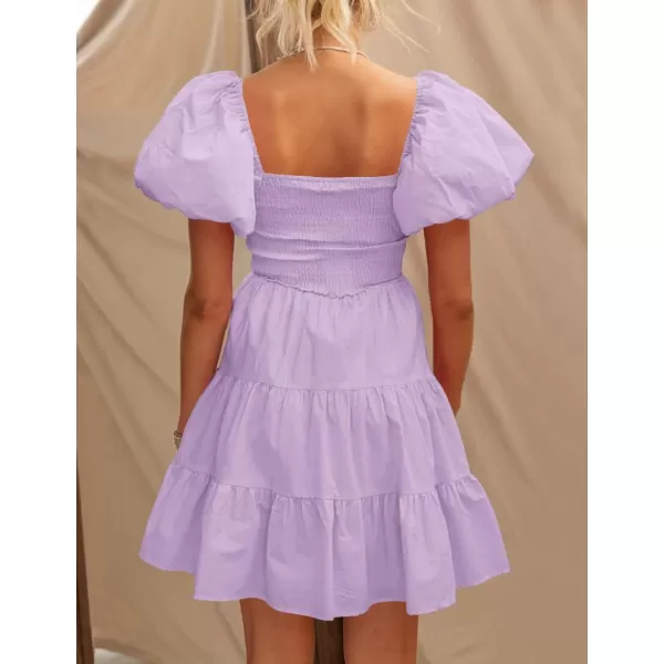 imageZESICA Womens 2024 Boho Summer Square Neck Puff Sleeve Off Shoulder Smocked Tiered Casual A Line Short Mini DressPurple