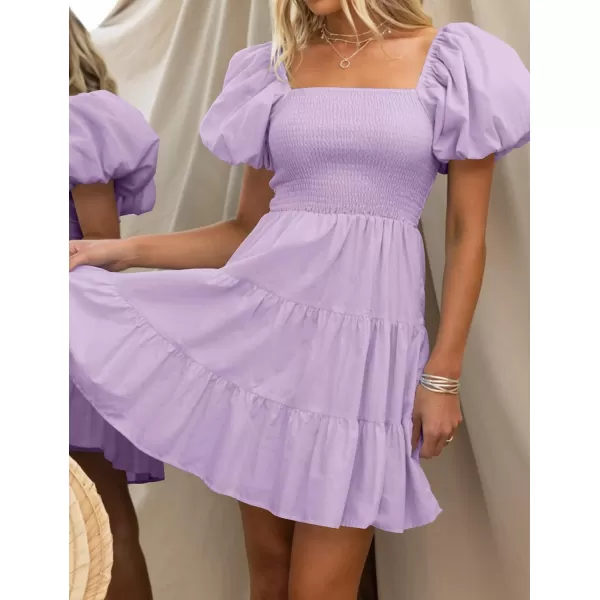 imageZESICA Womens 2024 Boho Summer Square Neck Puff Sleeve Off Shoulder Smocked Tiered Casual A Line Short Mini DressPurple