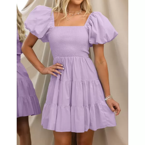 imageZESICA Womens 2024 Boho Summer Square Neck Puff Sleeve Off Shoulder Smocked Tiered Casual A Line Short Mini DressPurple