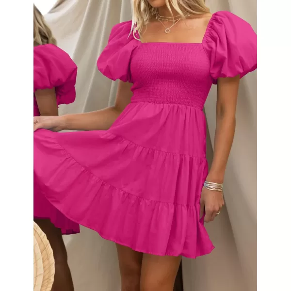 imageZESICA Womens 2024 Boho Summer Square Neck Puff Sleeve Off Shoulder Smocked Tiered Casual A Line Short Mini DressRose