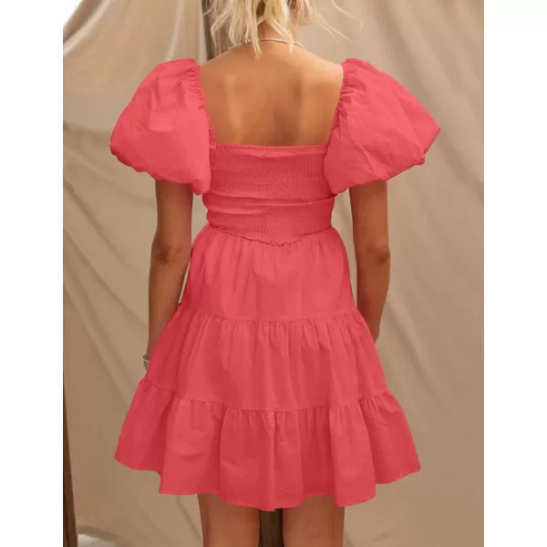 imageZESICA Womens 2024 Boho Summer Square Neck Puff Sleeve Off Shoulder Smocked Tiered Casual A Line Short Mini DressWatermelon