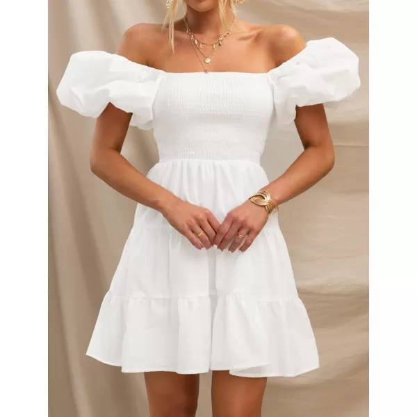 imageZESICA Womens 2024 Boho Summer Square Neck Puff Sleeve Off Shoulder Smocked Tiered Casual A Line Short Mini DressWhite