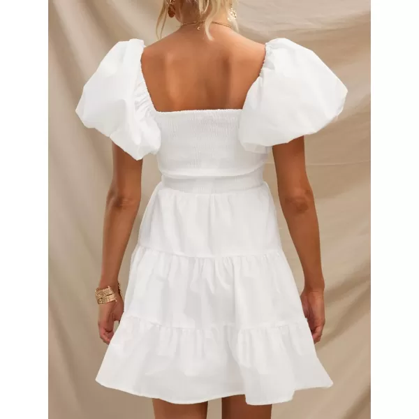 imageZESICA Womens 2024 Boho Summer Square Neck Puff Sleeve Off Shoulder Smocked Tiered Casual A Line Short Mini DressWhite